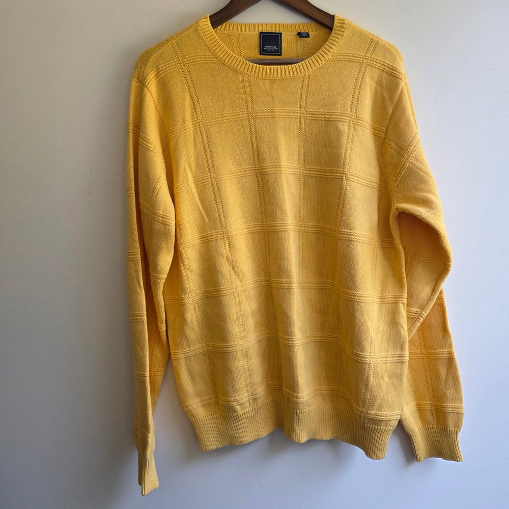Vintage 90s Y2K Mens Yellow Textured Crew Sweater Cotton Knit Grandpa Core Large